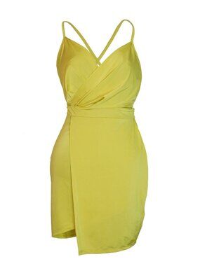 Valiant Paris Yellow Green Ruched Wrap Style Bodycon Mini Dress Size L
